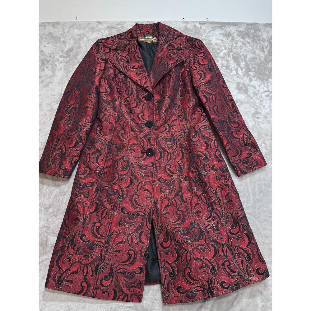 Allen B Schwartz Paisley Jacquard Coat Womens 10 Red Metallic Brocade Trench VTG